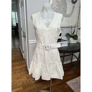 KARINA GRIMALDI Susi White Eyelet Sleeveless Belted Ruffle Mini Dress Size Small